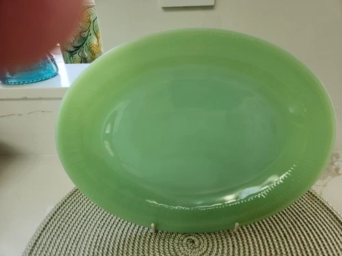 *Vintage Fire King Jadeite Oval Serving Plate Platter Jane Ray 12" x 9”, ribbed