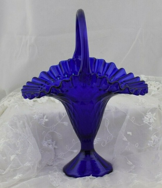 Vintage Cobalt Blue Glass Basket Ruffled Edge eBay
