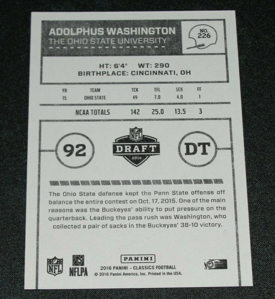 2016 Panini Classic ADOLPHUS WASHINGTON #226 Draft Picks RC Silver Insert/25 OSU - Image 2 of 2