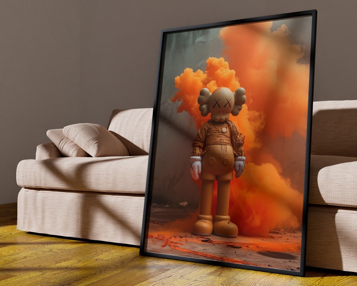 Set of 3 Orange Kaws Figure Art pieces canvas wall home