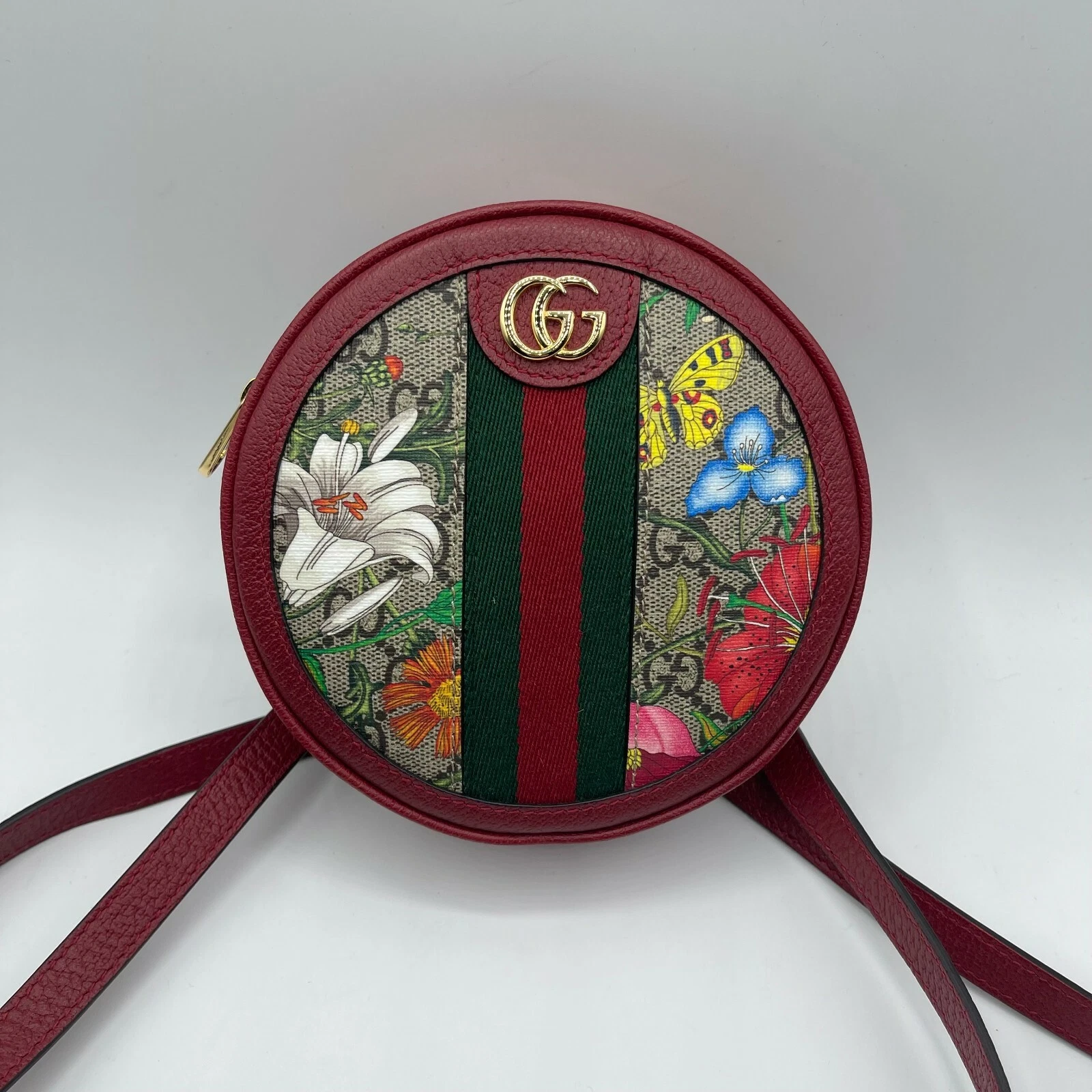 Sac à dos rond floral en toile Gucci Ophidia Supreme GG garniture rouge avec boîte 598661
