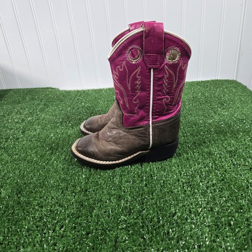 Old West Pink Brown Leather Cowboy Boots BS11851 Square Girls Toddlers Size 070