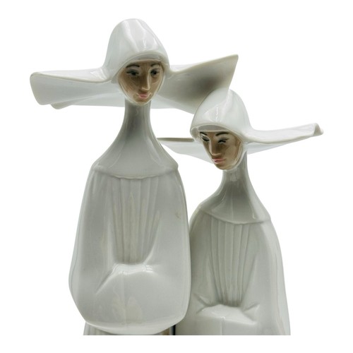 Vintage Lladro Two Nuns In White Porcelain Figurine # 4611 Matte 13" - Picture 12 of 15