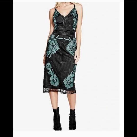 NEW GUESS Larita embroidered black emerald green mesh lace slip