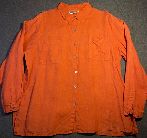 CHICOS DESIGN Shirt Women's 3 100% LINEN Button Up LONG SLEEVE Pocket ORANGE