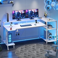 70.8'' Gaming Desk with LED Lights Storage Shelves, Large PC Gamer Desk White
