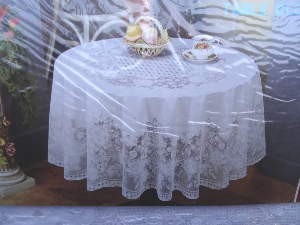 180 cm Ø Rund Weiß TISCHDECKE RUND SCHUTZDECKE BALKON GARTEN Blumenmotiv Vinyl - Bild 2 von 4