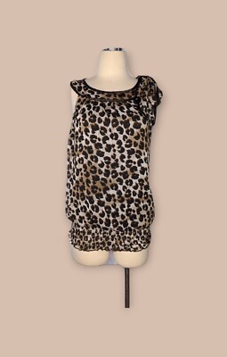 B WEAR Size XL Brown Animal Print Tank Top ELASTIC CLING Bottom Bow Accent 