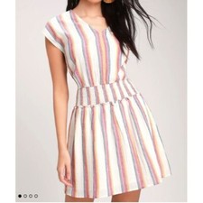 LULUS Bungalow Cream Multi Striped Mini Dress WOMAN'S MEDIUM | C1
