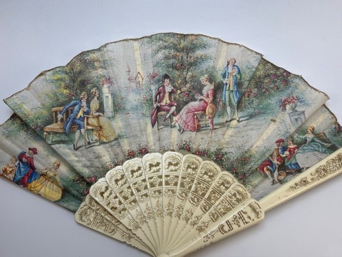 Lote de 4 abanicos plegables españoles vintage escena victoriana flores negro blanco - Imagen 2 de 6