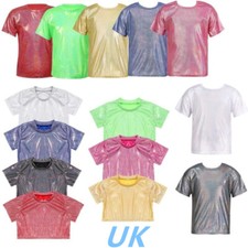 UK Kids Girls Boys Sparkle Shiny Short Sleeves T-Shirt Glitter Jazz Hip Hop Tops