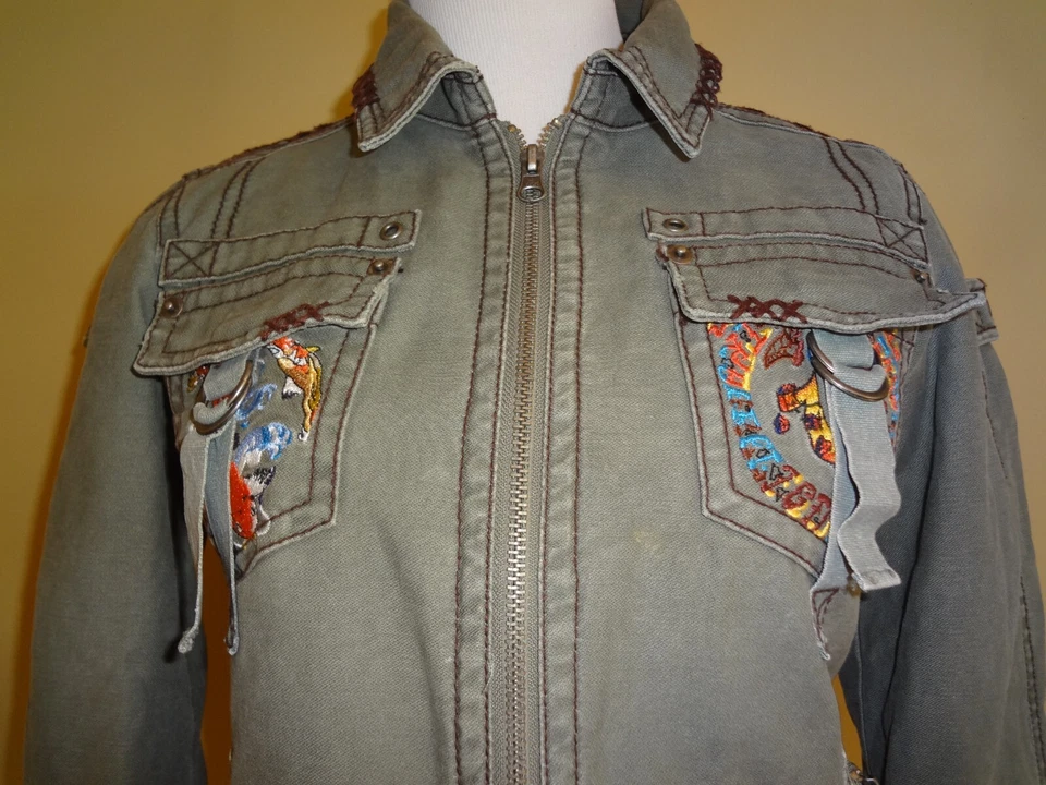 Chaqueta de mezclilla de colección True Religion Teen Buddha verde ejército gráfico bordado talla 14 Foto 3 de 4