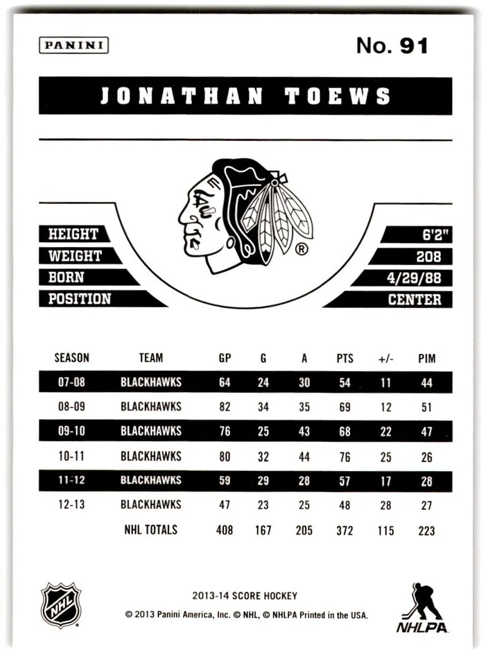 2013-14 Score Gold Jonathan Toews #91 Chicago Blackhawks - Image 2 of 2