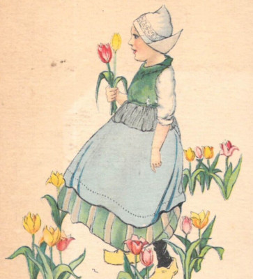 Dutch Woman in Lilies Field Clogs Delicate Raphael Tuck Vintage Postcard A3