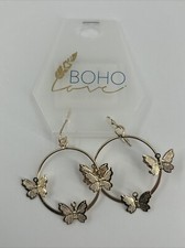 Butterfly Pierced Earrings Womens Gold Tone Circles 2 Inch Drop Dangle NEW