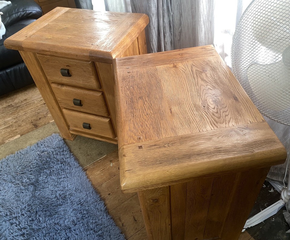 Solid Oak Bedside Tables x2 + 3 Drawer Chunky Oak Vermont Furniture