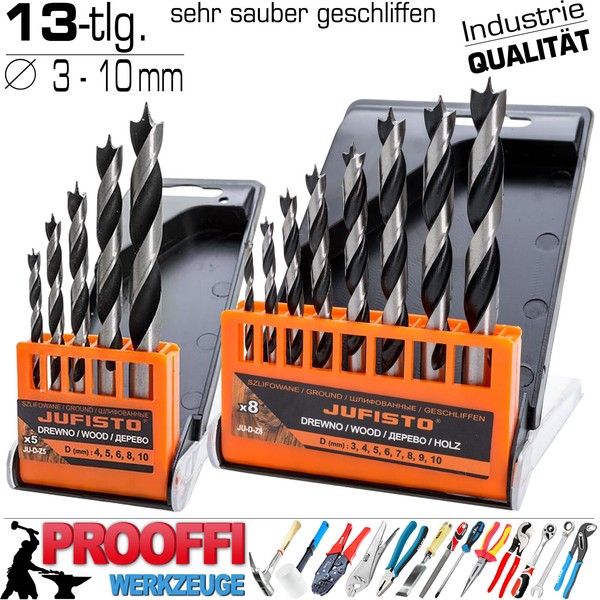 13-Tlg Premium Holzbohrer Spiralbohrer Zentrier Bohrer Set Ø 3 4 5 6 7 8 9 10 Mm-image