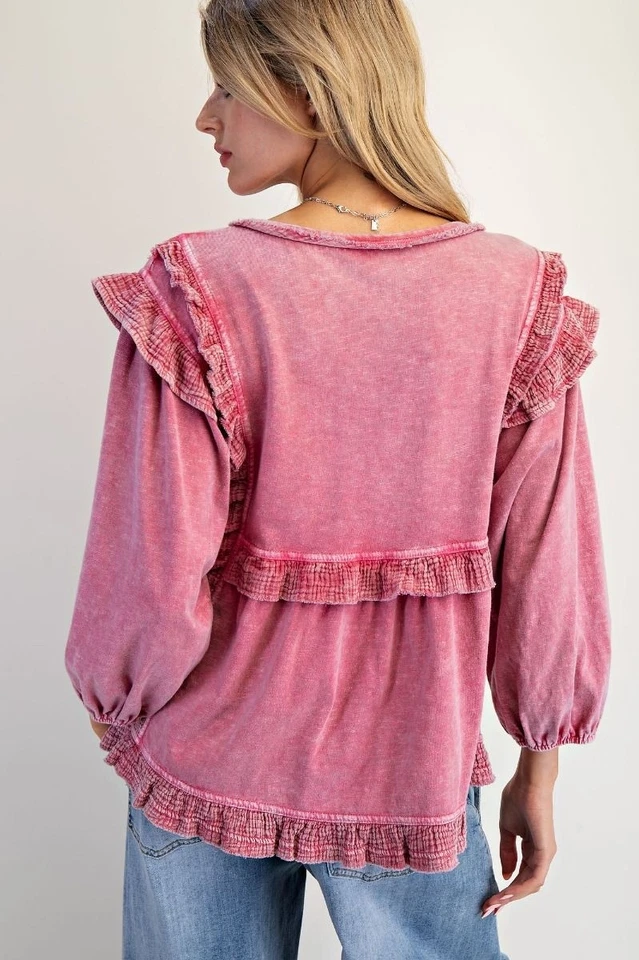 Top de manga 3/4 con ribete de volantes lavado mineral para mujer de Easel en rosa Foto 4 de 4