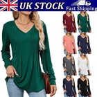 PLUS SIZE WOMENS TEE TUNIC PLEATED LOOSE PULLOVER LONG SLEEVE V NECK TOPS SHIRTS