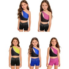 Kids Girls Outfit Sleeveless Dancewear Jazz Set Competition Modern One Shoulder