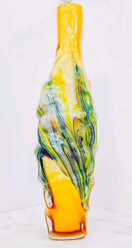 Murano Style Hand Blown Art Glass Vase Sculptural Yellow Free Form 15.5”