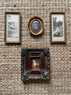 VINTAGE Mini Oil Paintings LOT Drawings Japanese Flowers Framed Art