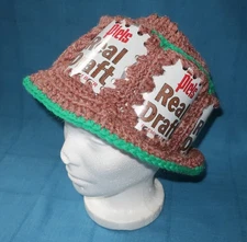 Vintage Crocheted Piels Beer Can Bucket Hat Brown & Green Kitschy Beer Party