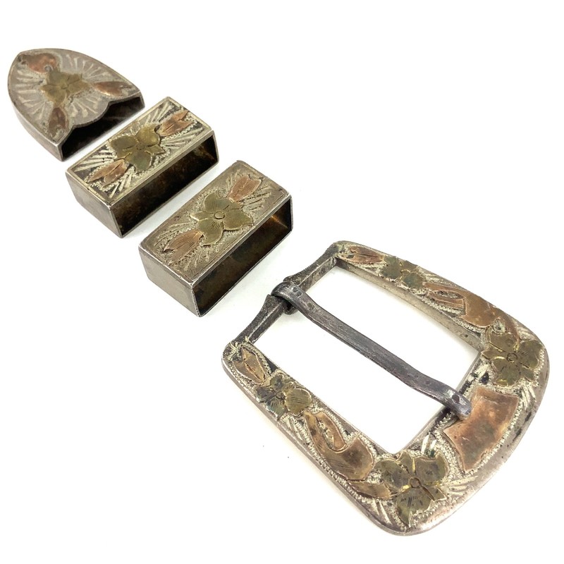 Mexican Vintage 18K Yellow Gold, Sterling Silver Floral Belt Buckle with Tips