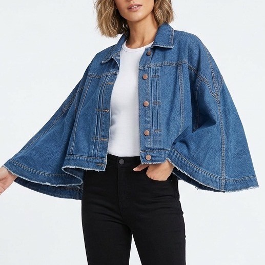 Stylewe Cape Cloak Jacket Womens Small Blue Denim Cotton Stretch Front Button