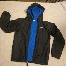 Columbia Kids Windbreaker Jacket Black Blue Fleece Lined Hooded Size L 14/16