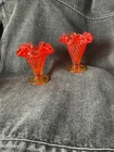 Vtg FENTON Art Glass Amberina VASE Red Orange Hobnail Ruffle Top 4" Trumpet Cone