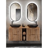 Badezimmer Waschplatz Set Doppelwaschtisch Regal Led Spiegel Anthrazit Modern