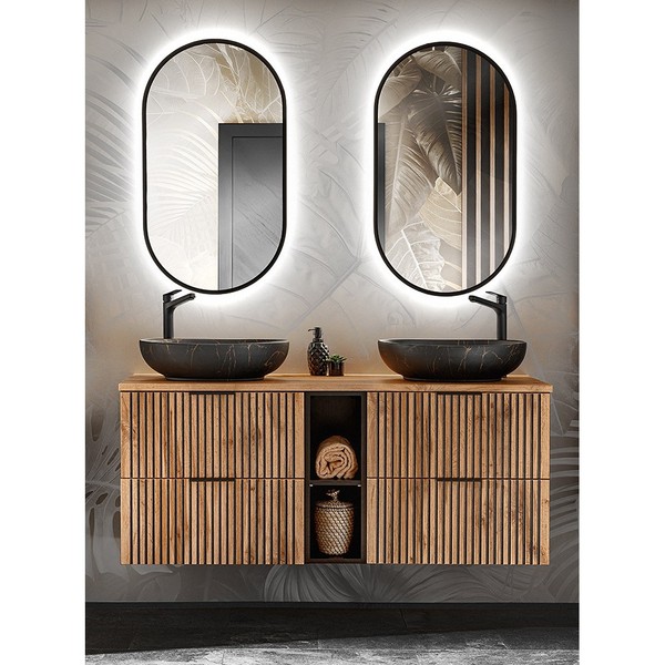 Badezimmer Waschplatz Set Doppelwaschtisch Regal Led Spiegel Anthrazit Modern-image