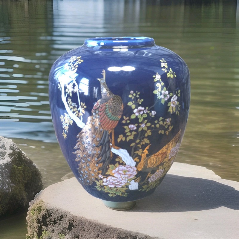 Vintage Japanese Vase Peacock Colbert Blue With Gold Trim  Tree Bud Vase