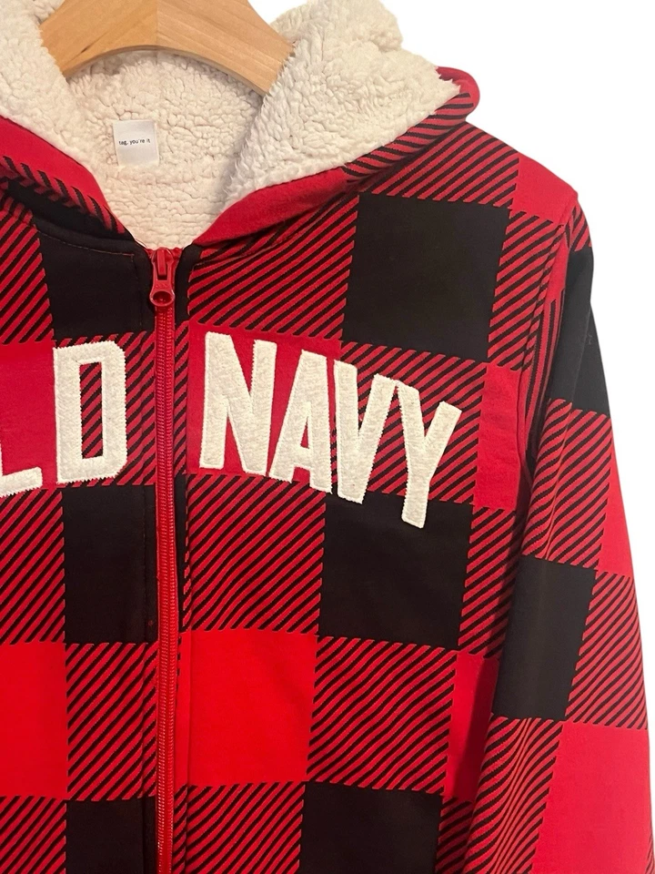 Antigua Chaqueta Azul Marino Niñas XXL Roja Negra Búfalo Cuadros Con Capucha Cremallera Completa Forrada Sherpa Foto 3 de 4