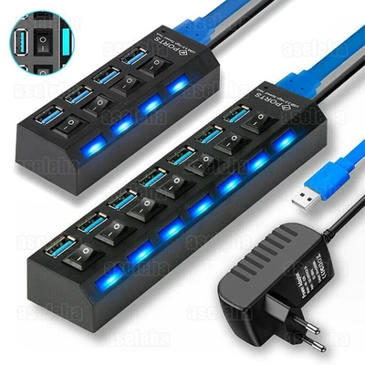 USB 3.0 Hub 7 Port Splitter Adapter mit Aktiv Netzteil Verteiler für PC Laptop - Bild 1 von 4