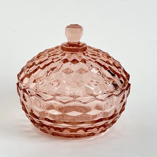 JEANETTE CUBIST INDIANA PINK DEPRESSION GLASS COVERED CANDY DISH 5”