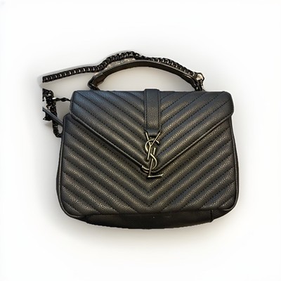 YSL Saint Laurent College Shoulder Bag Quilted Chevron Black Leather Monogram 