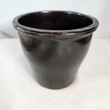 Antique Hand Dipped Brown Salt Glazed Stoneware Primitive Crock Planter 6.25"H
