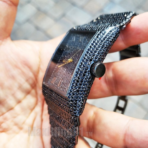 Reloj de pulsera Hip Hop con banda helada completa de lujo negro simulado con diamantes - Imagen 3 de 7