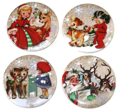 Christmas Fridge Magnets Set 55mm 4pc Merry Xmas Gift Retro Decor ...