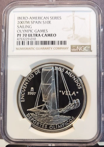2007 SPAIN SILVER 10 EURO OLYMPIC GAMES SAILING NGC PF 70 ULTRA CAMEO RARE POP 1