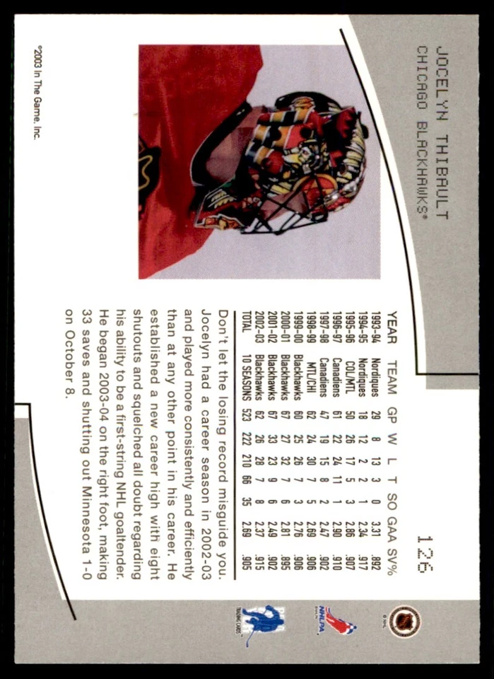 2003-04 Be a Player Memorabilia Jocelyn Thibault Chicago Blackhawks #126 - Image 2 of 2