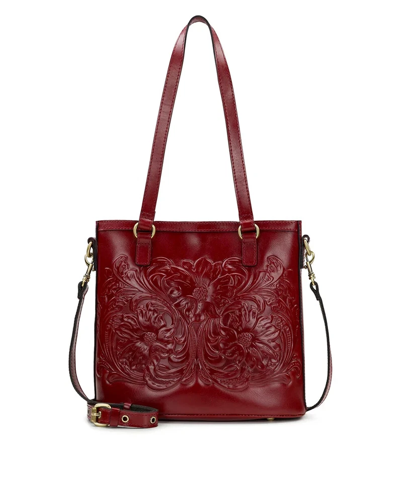NWT $228 Patricia Nash Tessali Vintage Veg Tan Tooled Leather Tote Ruby Red