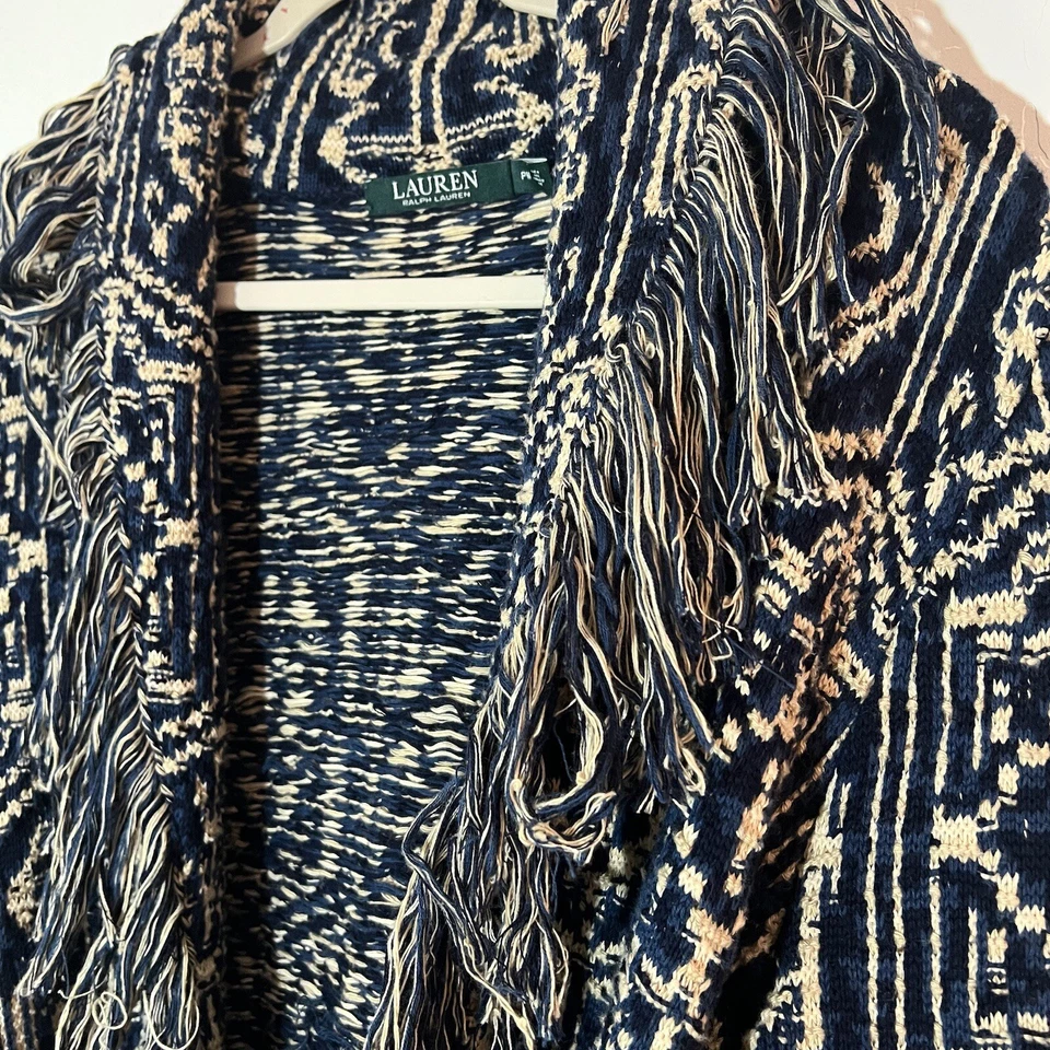 Cárdigan Lauren Ralph Lauren LRL para mujer PM azul flecos jacquard tejido suéter Foto 3 de 4
