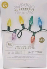 Wondershop 60ct LED C6 Multicolor Faceted String Lights w Green Wire NIB D4 B4