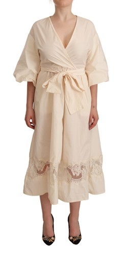 Vestido PINK MEMORY Beige Encaje Mangas Campana 3/4 Envoltura Línea A IT42/US8/M PRECIO DE VENTA SUGERIDO POR EL FABRICANTE $500 - Imagen 1 de 8