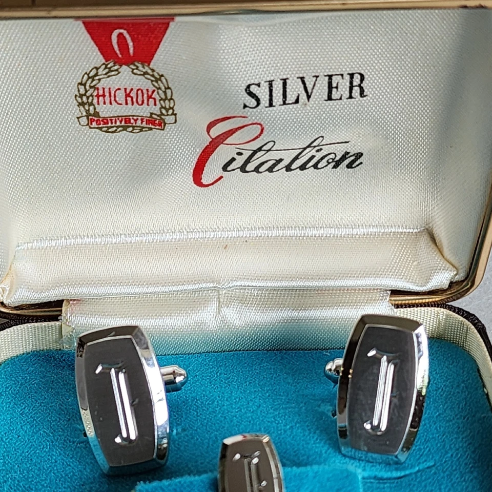 Vintage Hickok Silver Citation Monogram F Bullet Cufflink Tie Pin Set Gift Box - Image 3 of 4