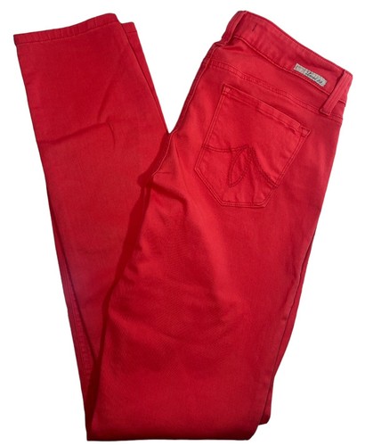 LEVEL 99 Liza Skinny Jeans Sz 27” Mid Rise Coral Red Cotton Blend Embroidered