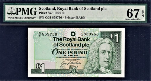 Schottland 1994 One Pound Without Watermark Pick-357 SUPERB GEM UNC PMG 67 EPQ - Bild 1 von 2